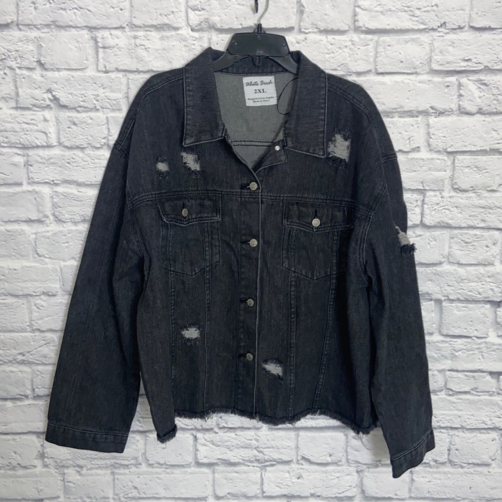 White Birch 2X Gray Oversized Distressed Boyfriend Denim Jacket